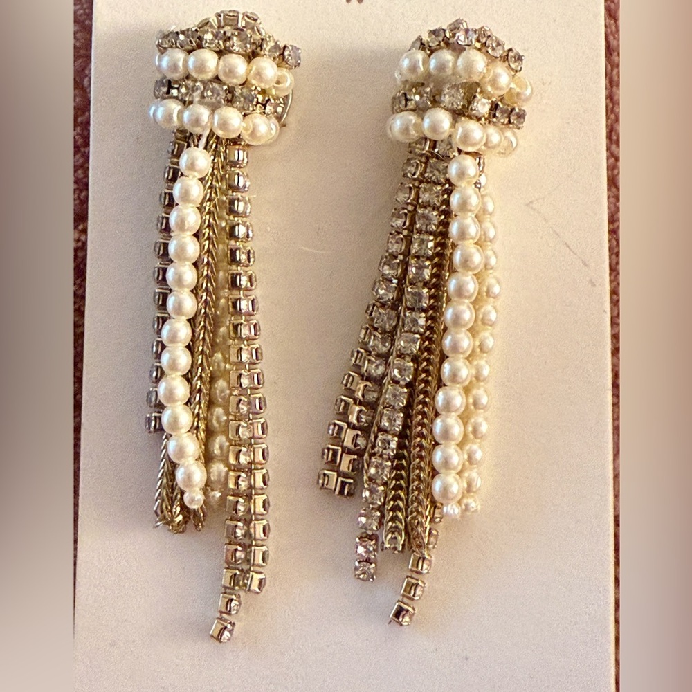 NEW J. CREW EARRINGS FAUX PEARL GOLD RHINESTONE STRANDS POST PIERCED DANGLE NWT